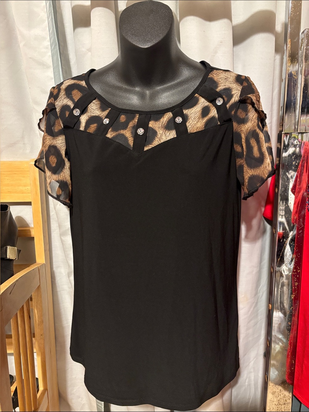 Black Blouse with Leopard-Print Yoke and Sheer Sleeves